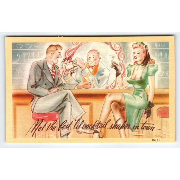 Vintage Linen Postcard Best 'Til Cocktail Shaker in Town Comic Scene - Picture 1 of 2